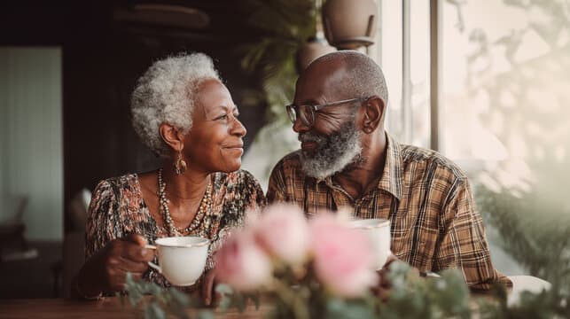 Senior couple smiling over coffee, assisted by a Medicare advisor in PA and NJ